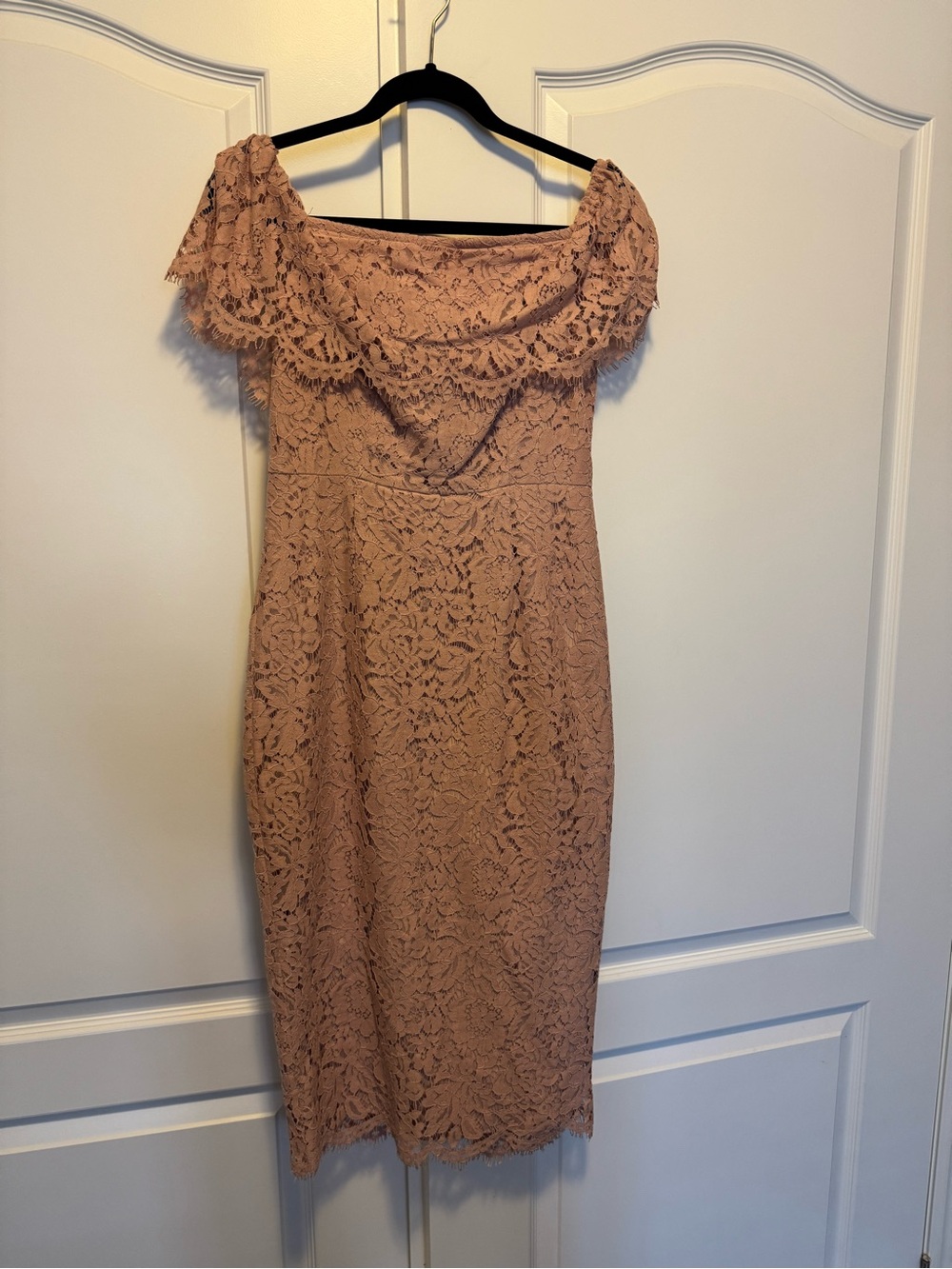 ASOS off Shoulder Lace Midi Dress in Blush Pink